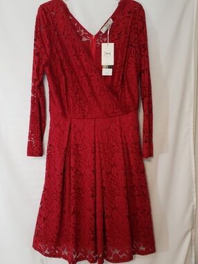 Miss May Deep Red Long-Sleeve Lace Fit-and-Flare Dress, XL